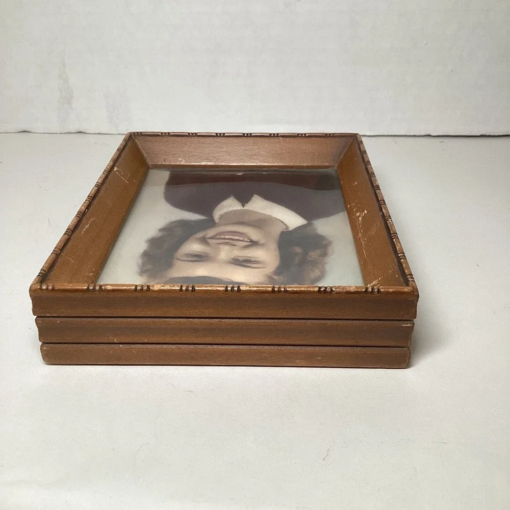 Vintage Small Wood Picture Frame Brown Velvet Easel Back Tabletop Decor 4x5